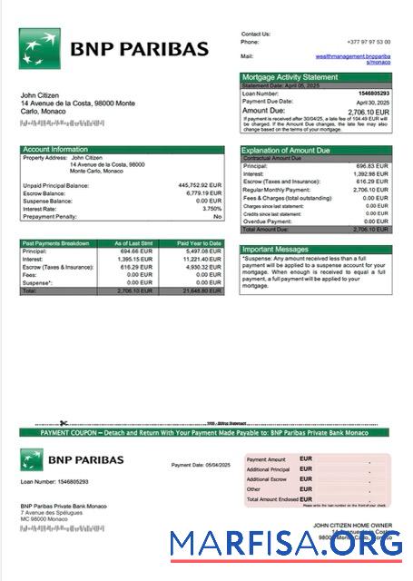 Downloadable Monaco BNP Paribas Private Bank Monaco mortgage statement Word and PDF template